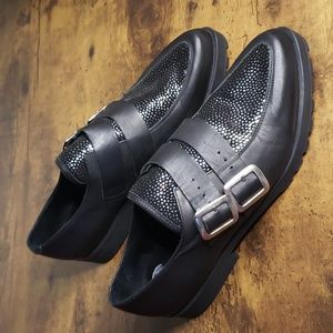 Mista London silver sparkle & black pointed toe creeper formal shoes w buckles